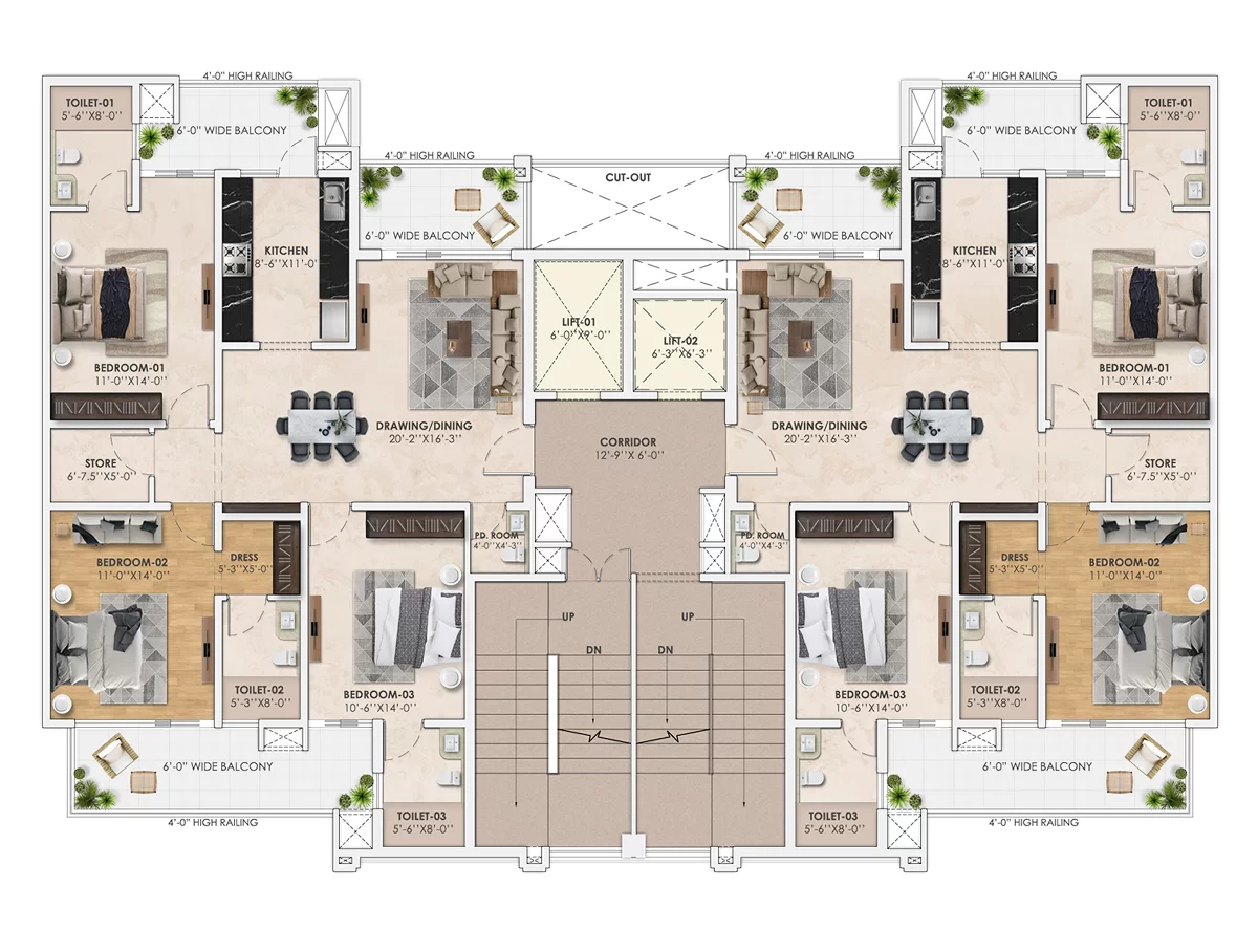 3 BHK 1830 square feet floor plan